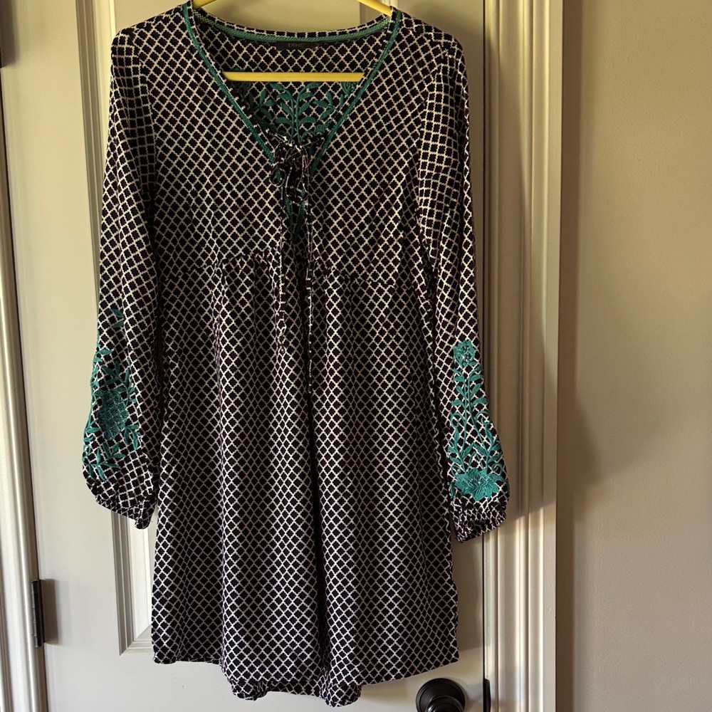 THML Black and White Lattice Dress with Teal Embroidered Accents